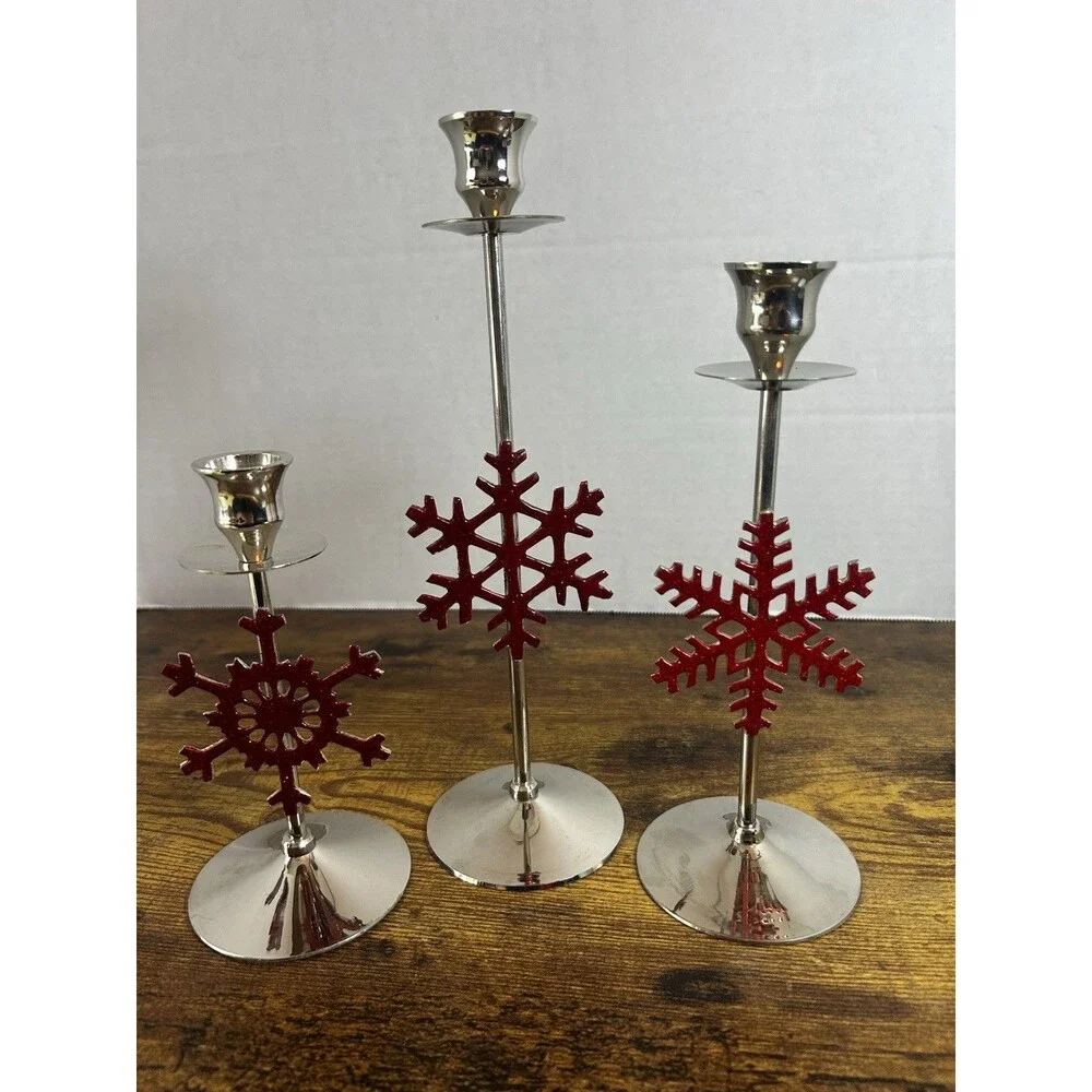 International Silver Red Snowflake Candle Holders Set 3 Christmas Holiday Decor